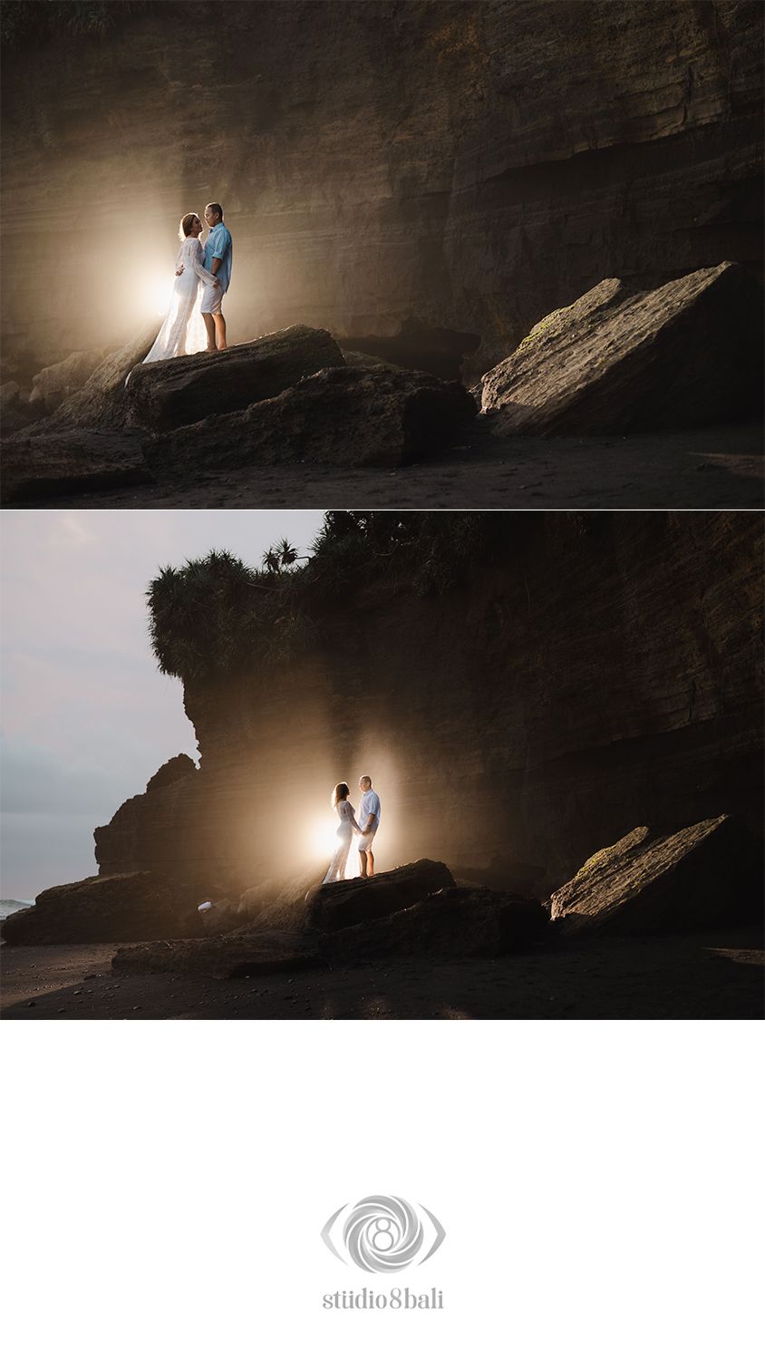 Couple embracing on rocky cliff at sunset with dramatic golden backlight, captured by Studio 8 Bali photographers.