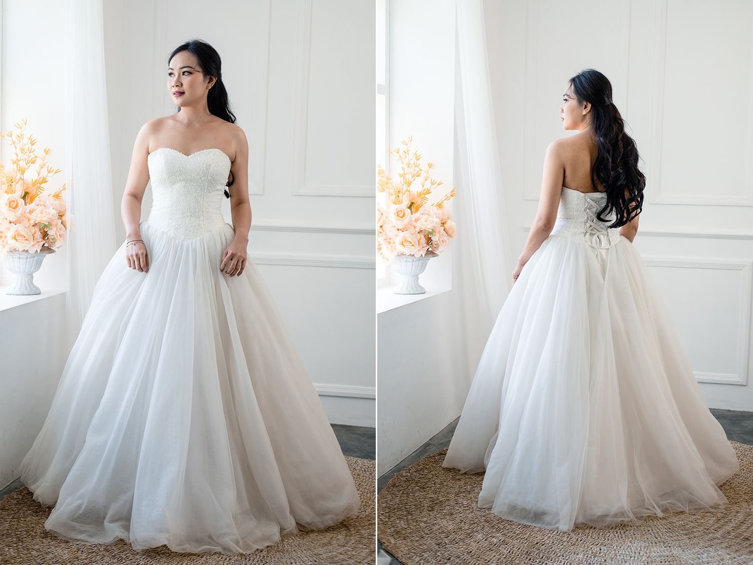 Bride wearing a strapless sweetheart tulle ball gown wedding dress, shown from front and back views.