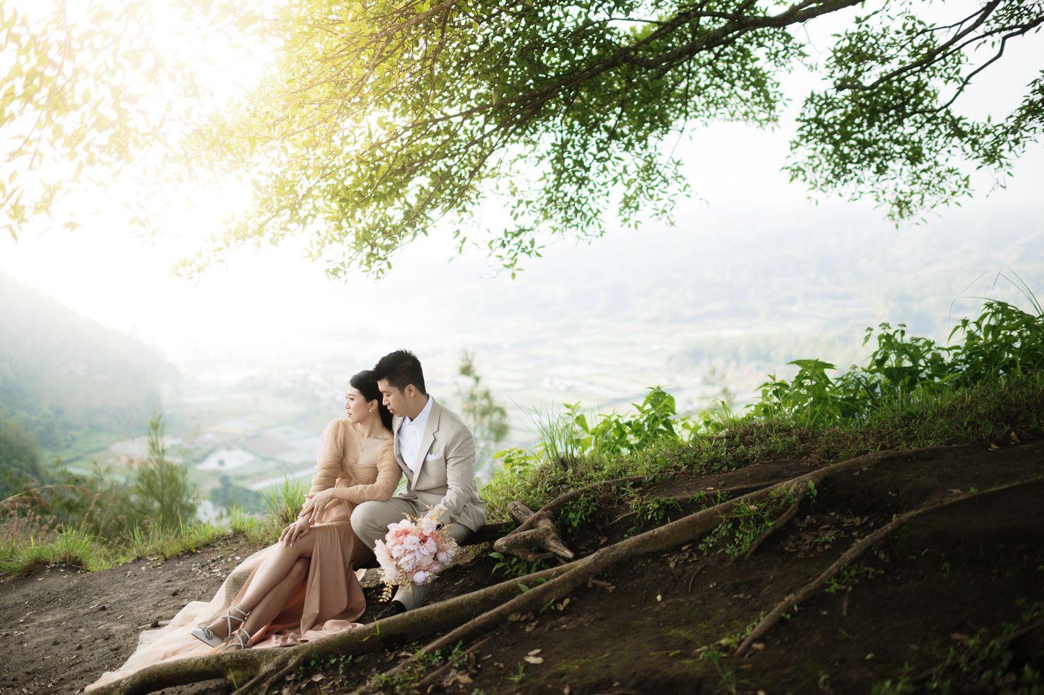 Couple in wedding attire sitting on tree roots with scenic valley and sunlit green trees in background.