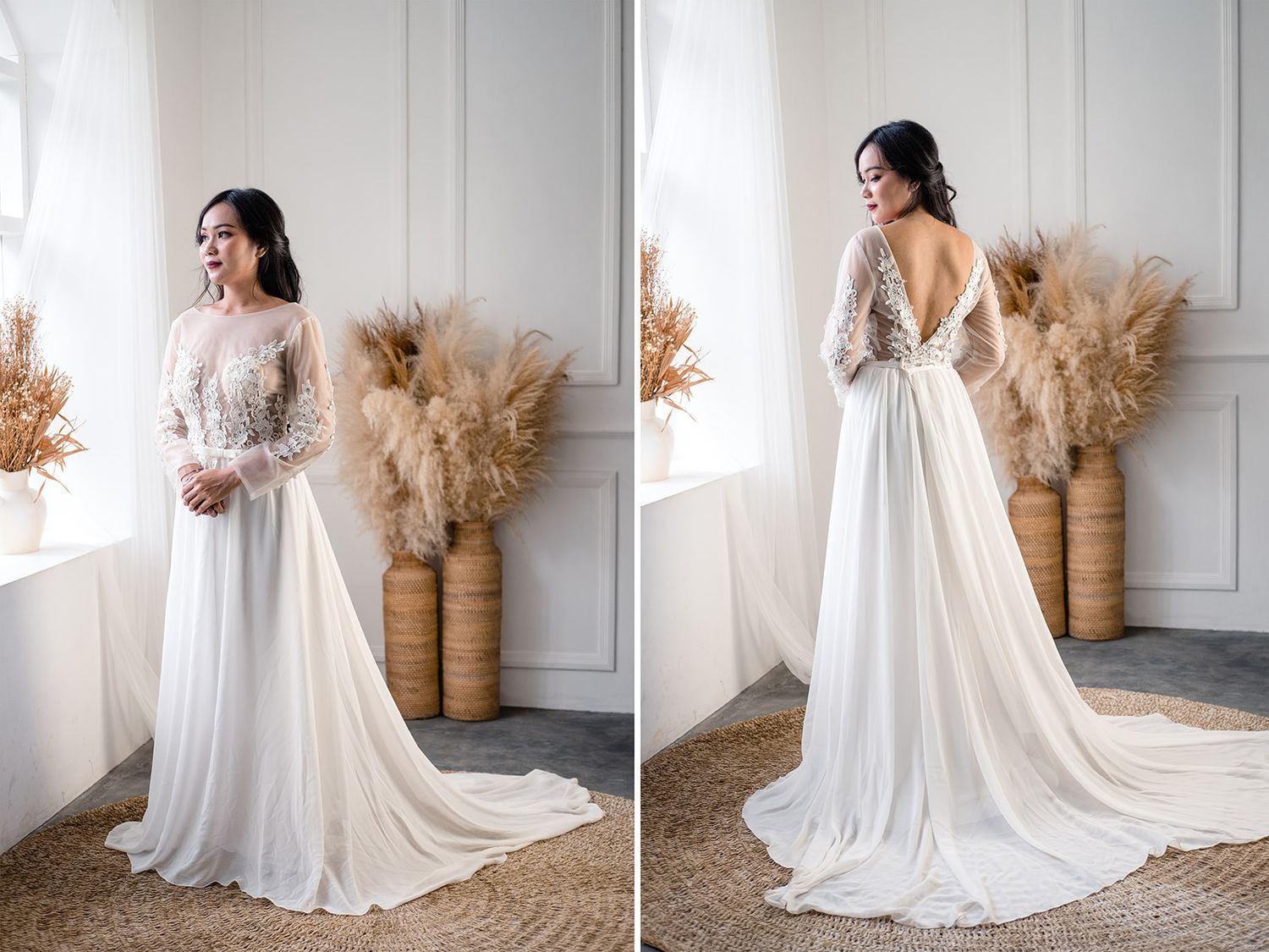 Elegant bride in a white lace long-sleeve backless wedding gown with a flowing chiffon skirt and train.