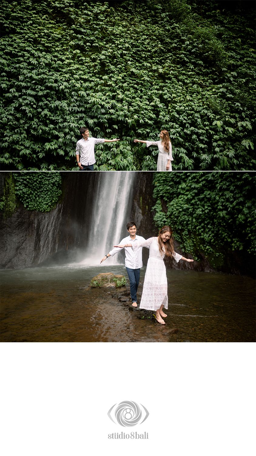Couple holding hands near a lush green ivy wall and waterfall in Bali, captured by Studio 8 Bali photographers.