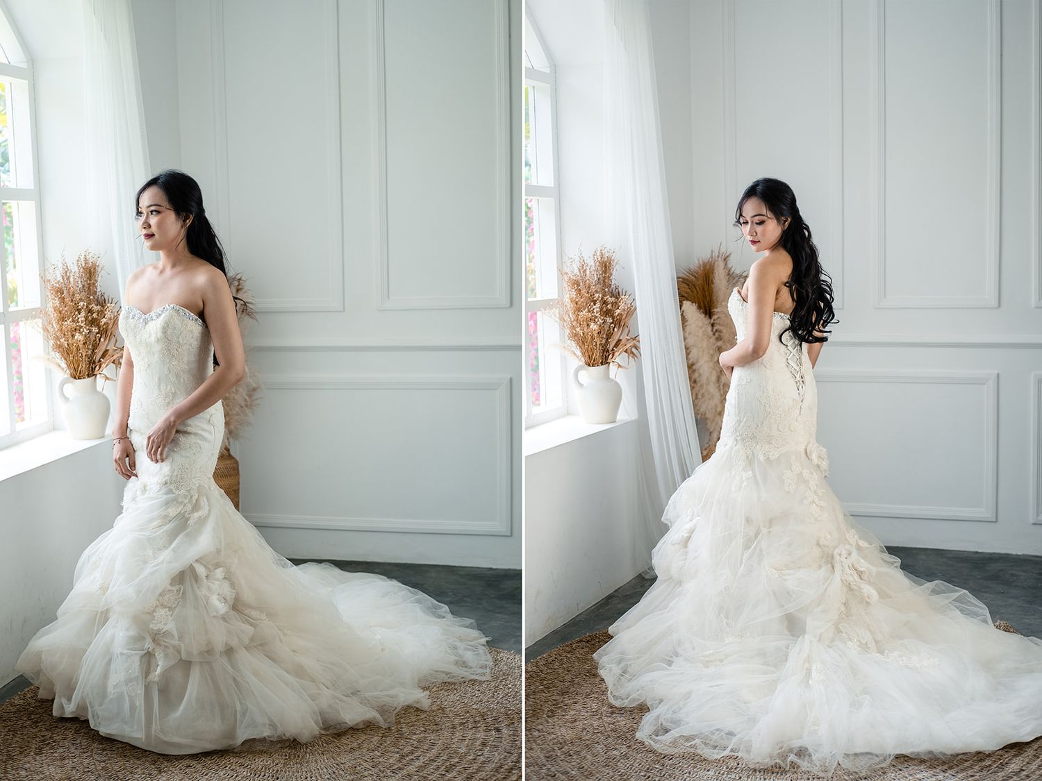 Bride in elegant mermaid wedding dress with ruffled train, shown front and back in bright studio.
