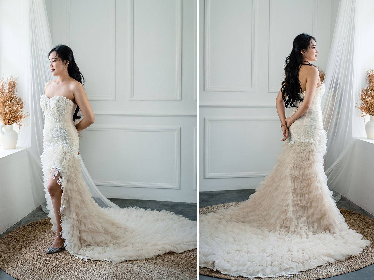 Bride in elegant strapless feathered wedding gown with long train, shown from front and back in soft white studio setting.