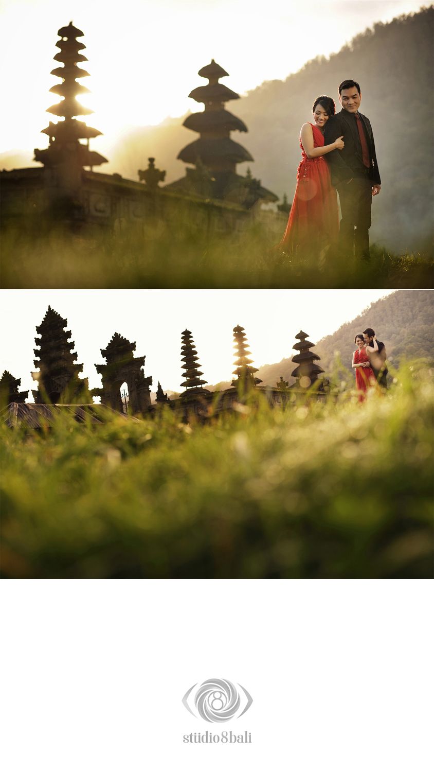 Couple posing near Balinese temple pagodas at golden hour, woman in red dress, lush green landscape backdrop.