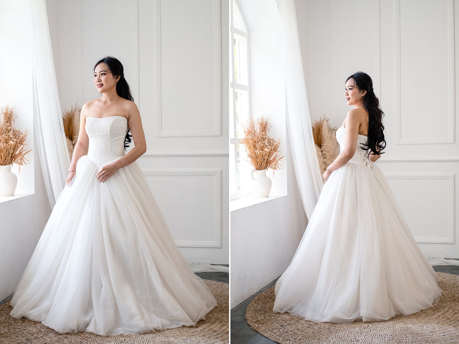 Elegant strapless ball gown wedding dress with flowing tulle skirt, shown from front and back on Asian bride.