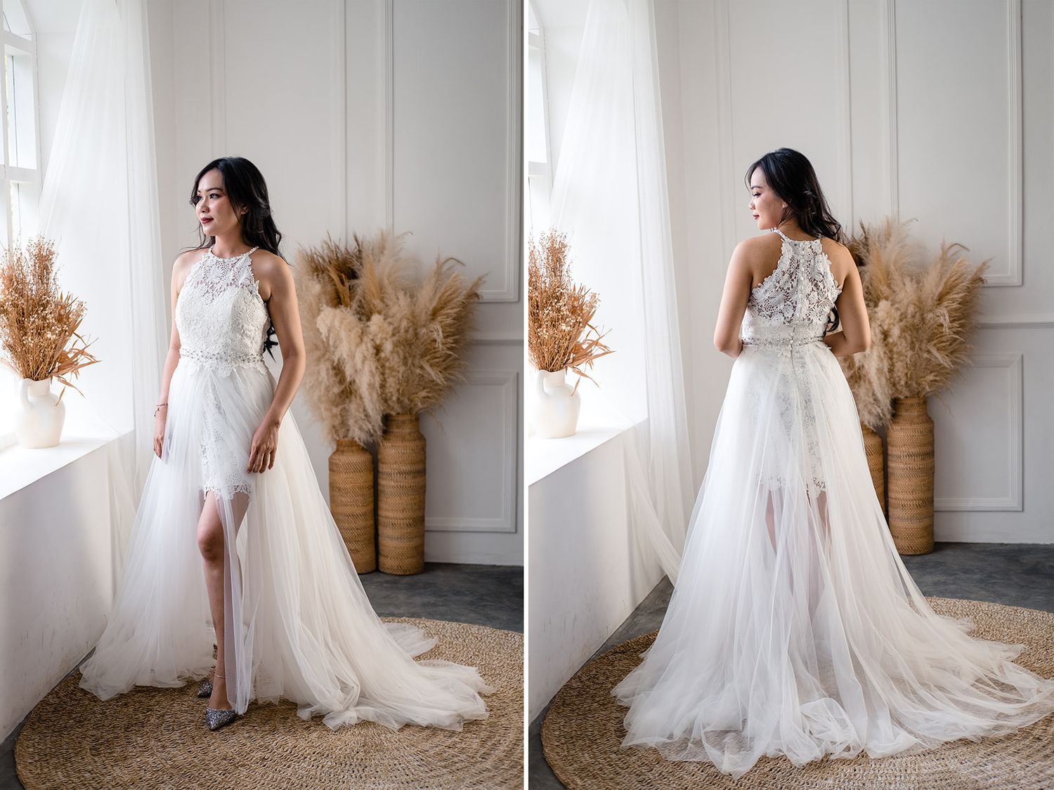 Bride in elegant white halter lace wedding gown with tulle skirt, shown front and back, styled with pampas grass decor.