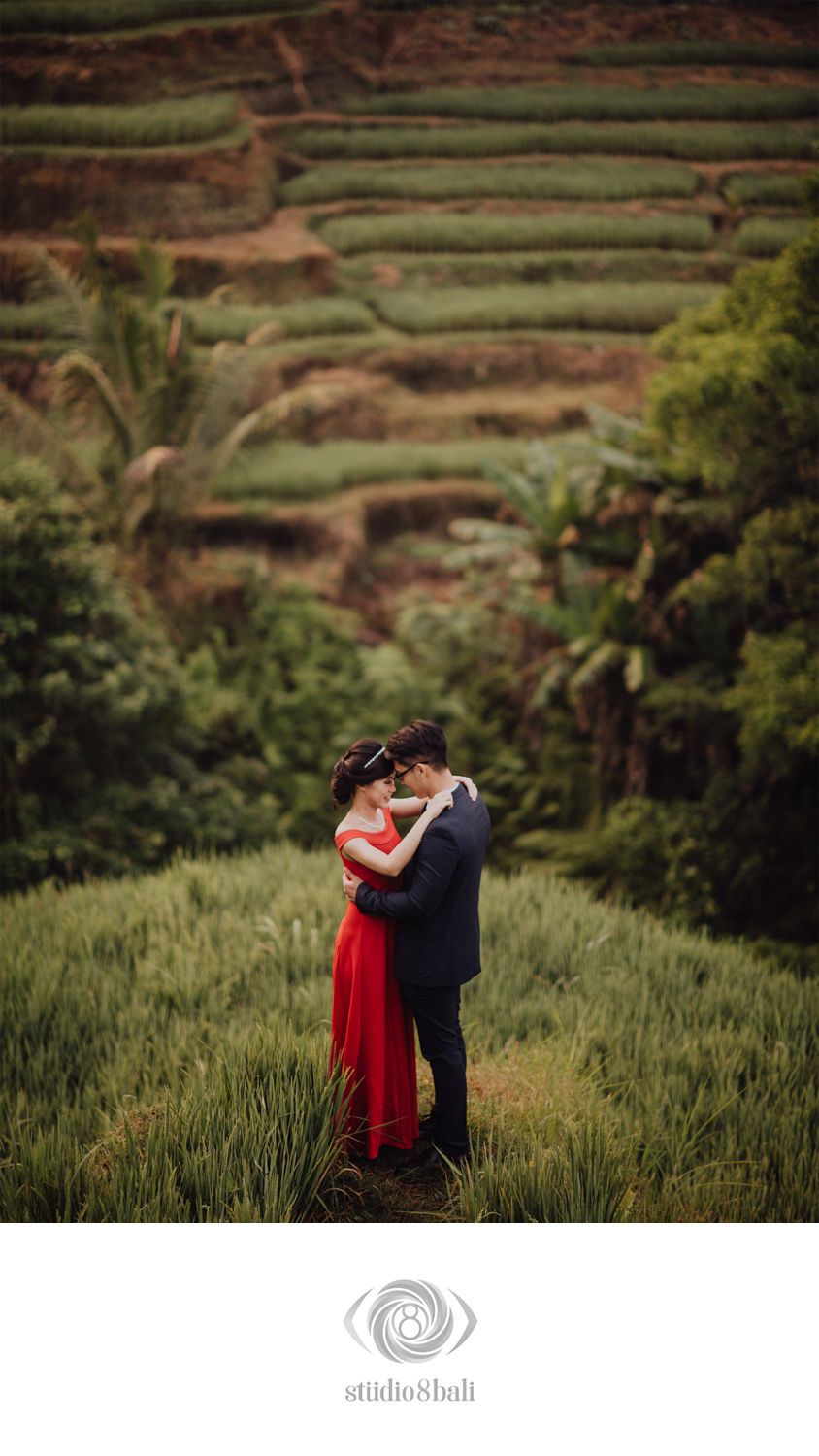 Couple embracing in red dress and suit amid lush green rice terraces in Bali, captured by Studio 8 Bali.