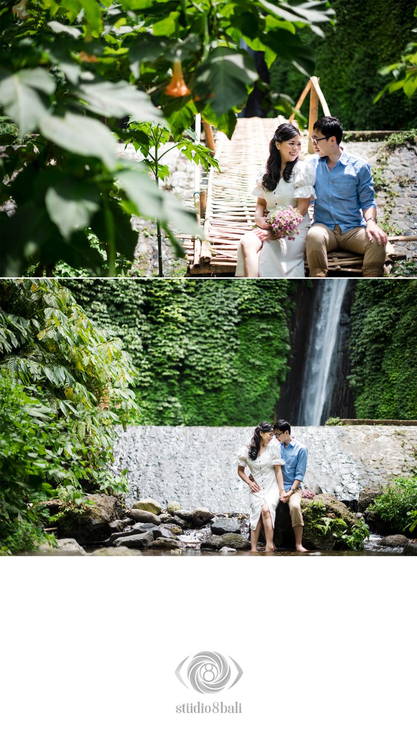Couple poses on wooden bridge and by waterfall in lush Bali greenery, romantic pre-wedding shoot by Studio 8 Bali.