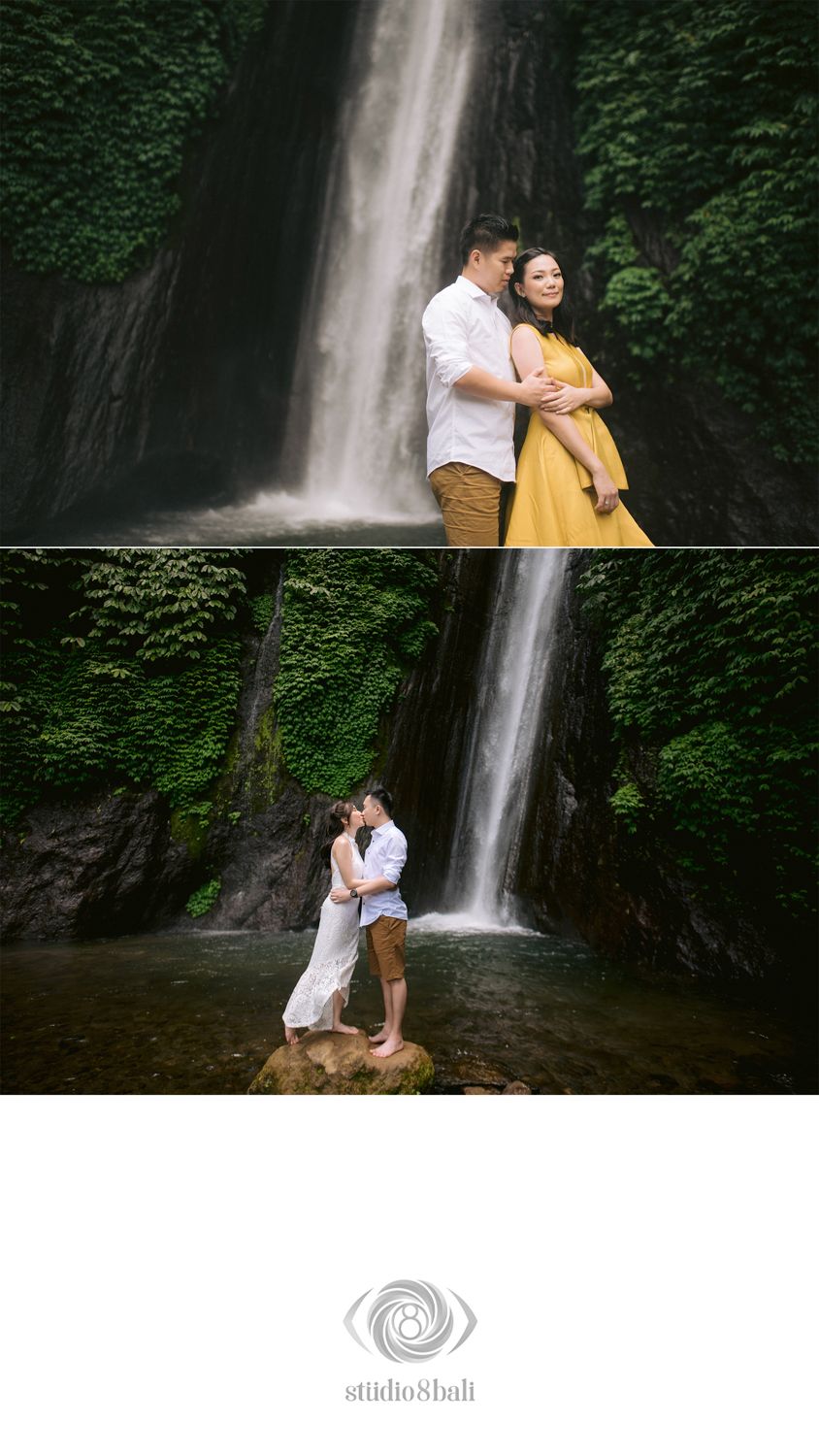 Romantic couple posing before a stunning Bali waterfall, woman in yellow dress, photographed by Studio 8 Bali.