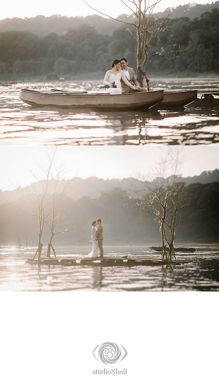 Romantic couple in wedding attire posing on a boat and dock surrounded by misty lake waters at golden hour in Bali.