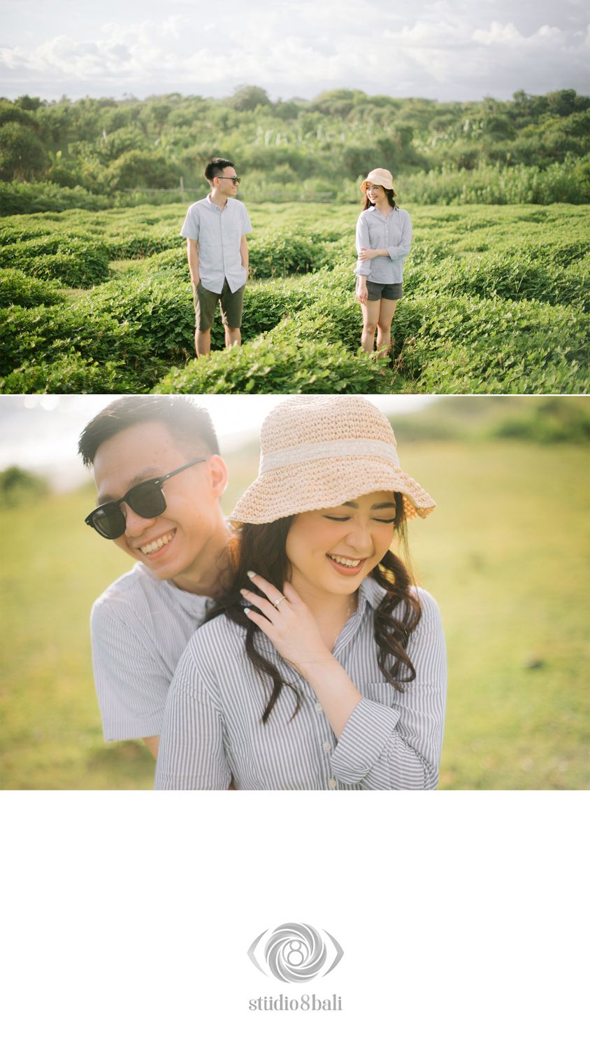 Couple poses in lush green fields for a romantic outdoor pre-wedding photoshoot in Bali, smiling joyfully together.