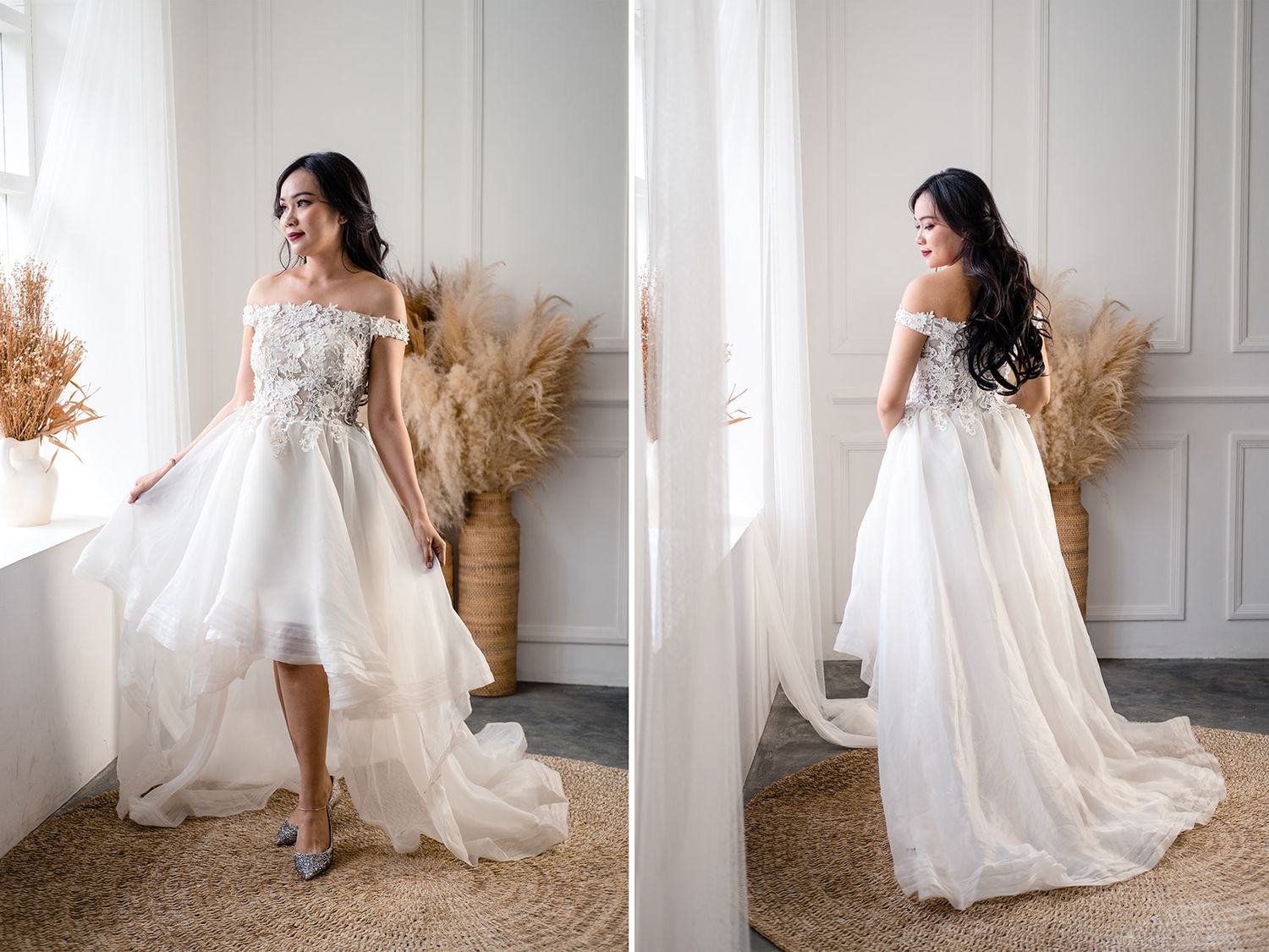 Woman in off-shoulder white lace wedding gown with tulle skirt, styled in elegant bridal photoshoot.
