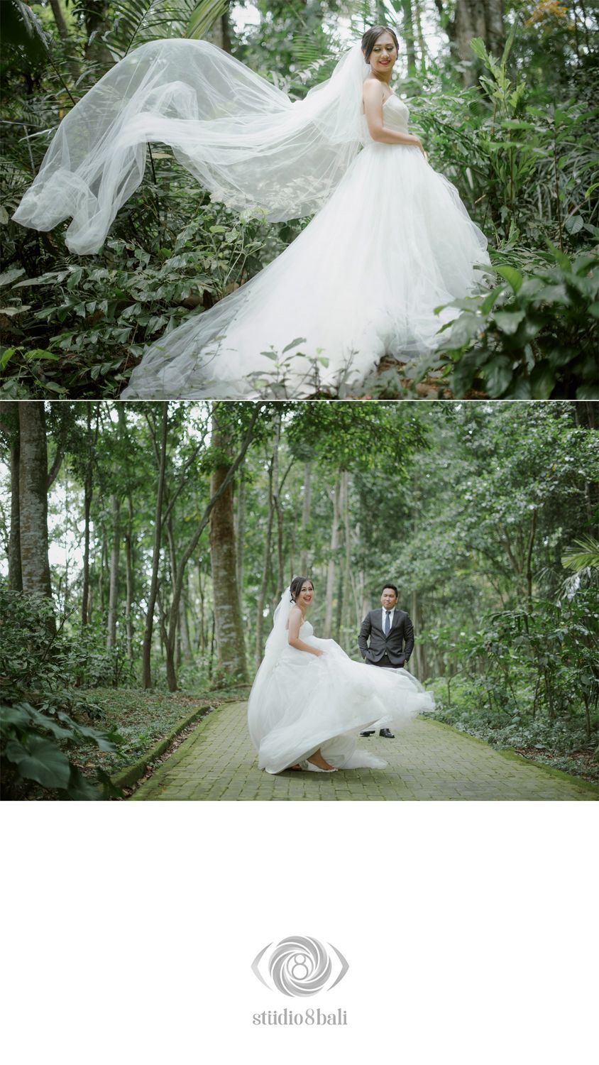 Bride in flowing white gown with veil and groom in suit pose on a brick path surrounded by lush green forest.