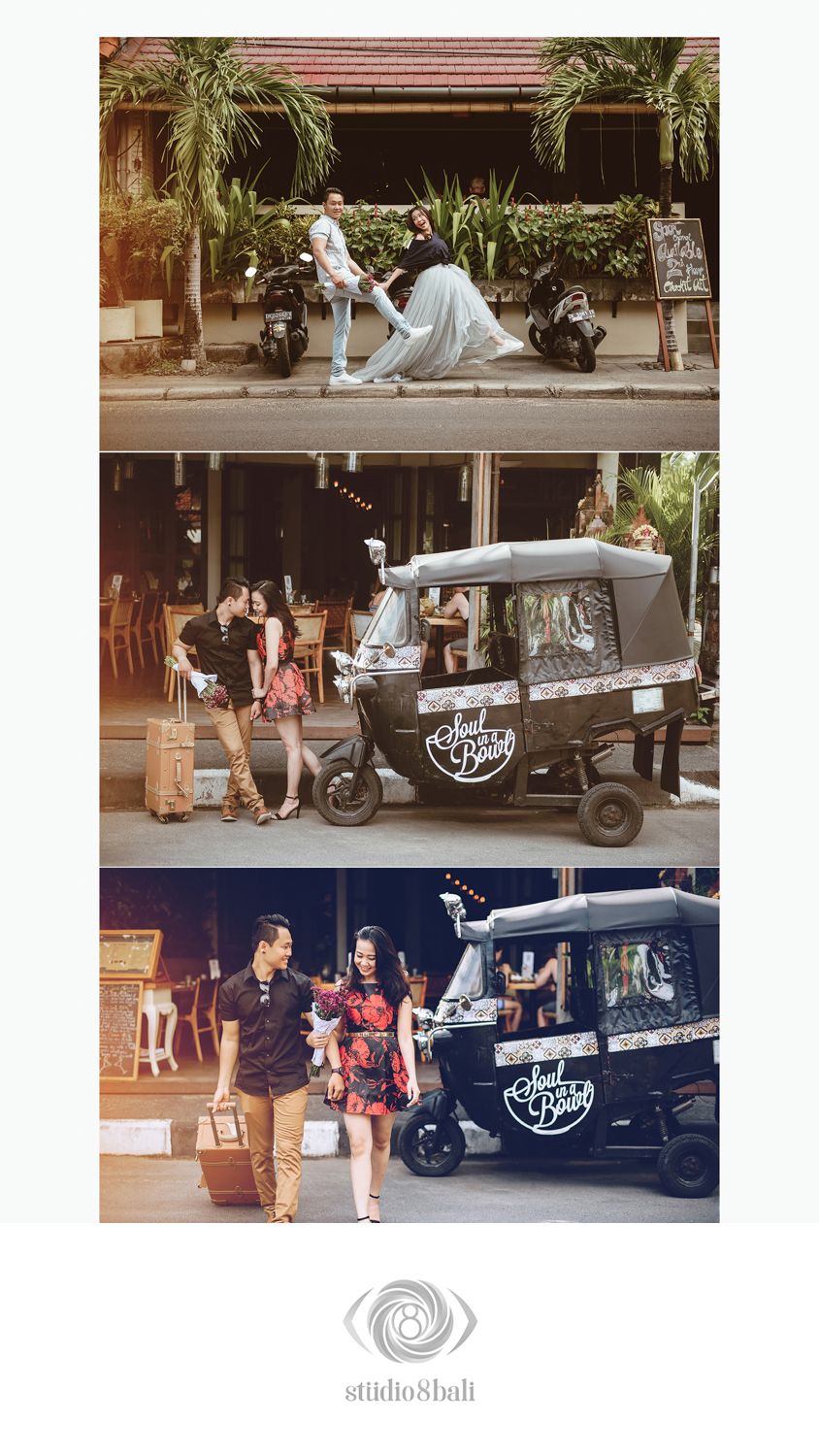 Couple poses playfully outside a Bali cafe near motorcycles, with a tuk-tuk and street scenes captured by Studio 8 Bali.