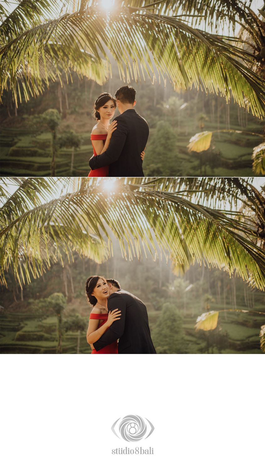 Couple embracing under palm fronds with sunlight and lush Bali rice terraces in background, pre-wedding shoot.