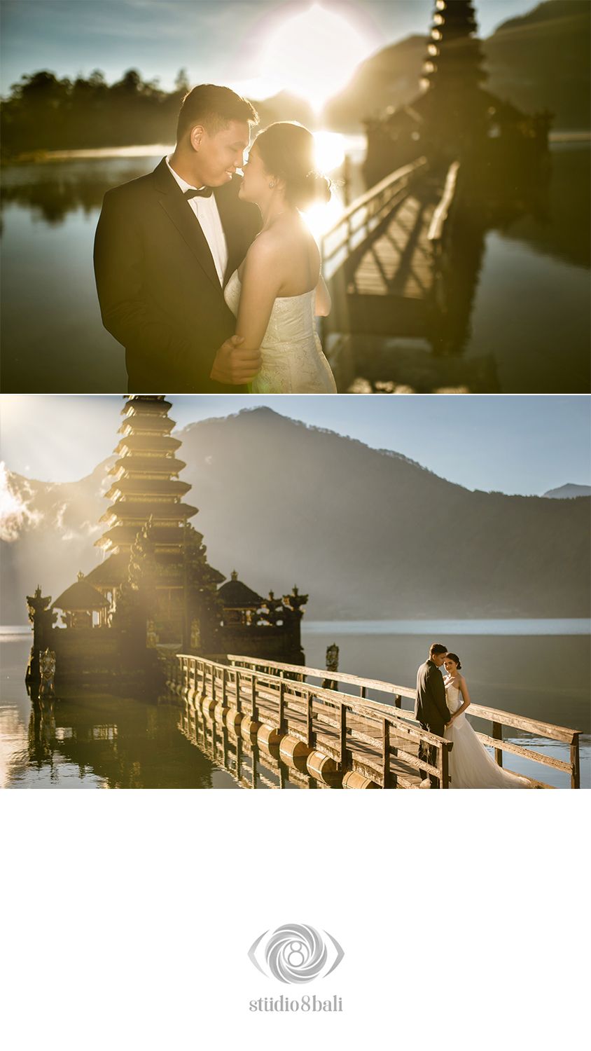 Romantic wedding couple poses at golden hour by a Balinese water temple in Bali, Indonesia.