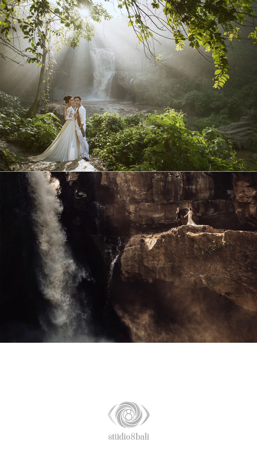 Couple in wedding attire poses before a sunlit waterfall in lush forest, with dramatic rocky cascade below.