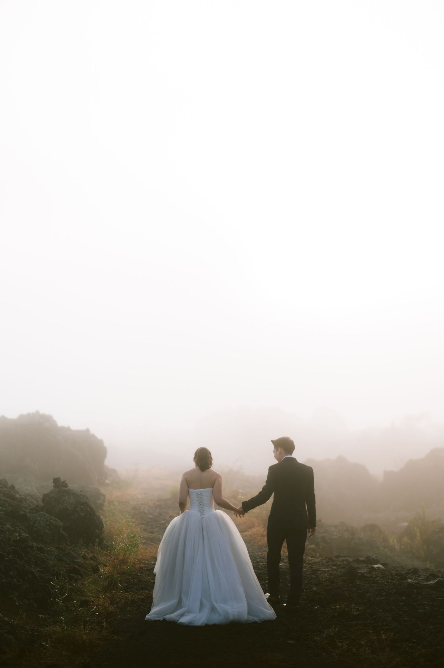 Bride and groom holding hands walking into misty fog on rocky terrain, viewed from behind in wedding attire.