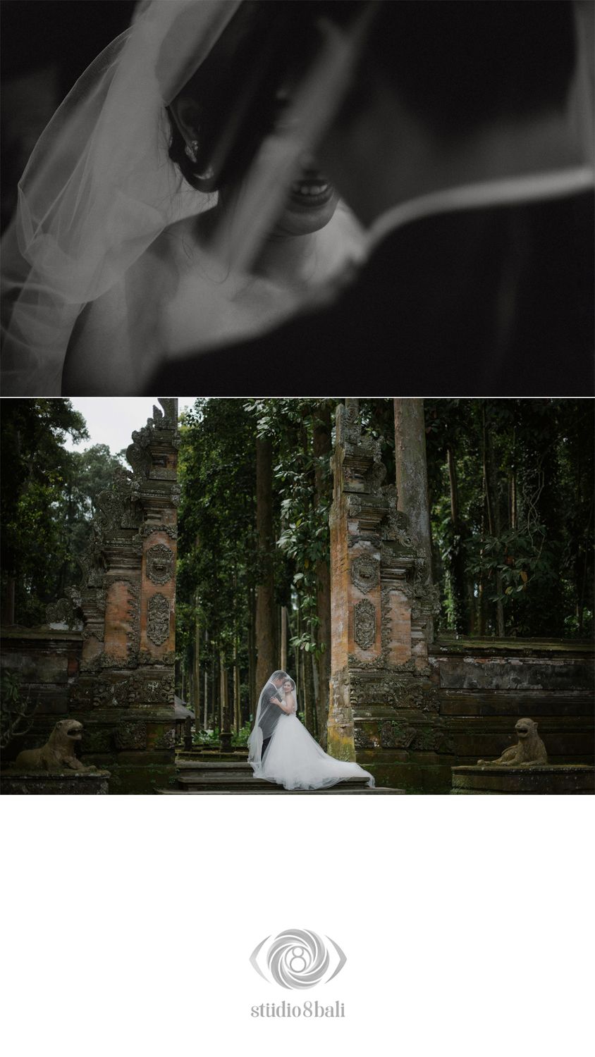 Bride and groom posing romantically among ancient Balinese temple gates surrounded by lush tropical greenery in Bali.