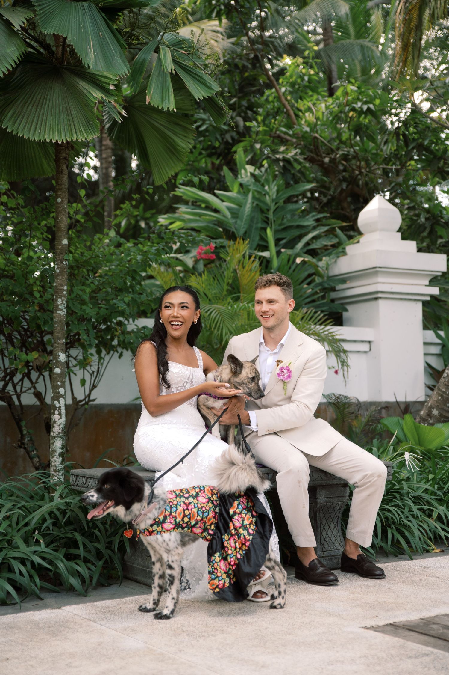 Bride and groom sit with dogs dressed in floral outfits in lush tropical garden.