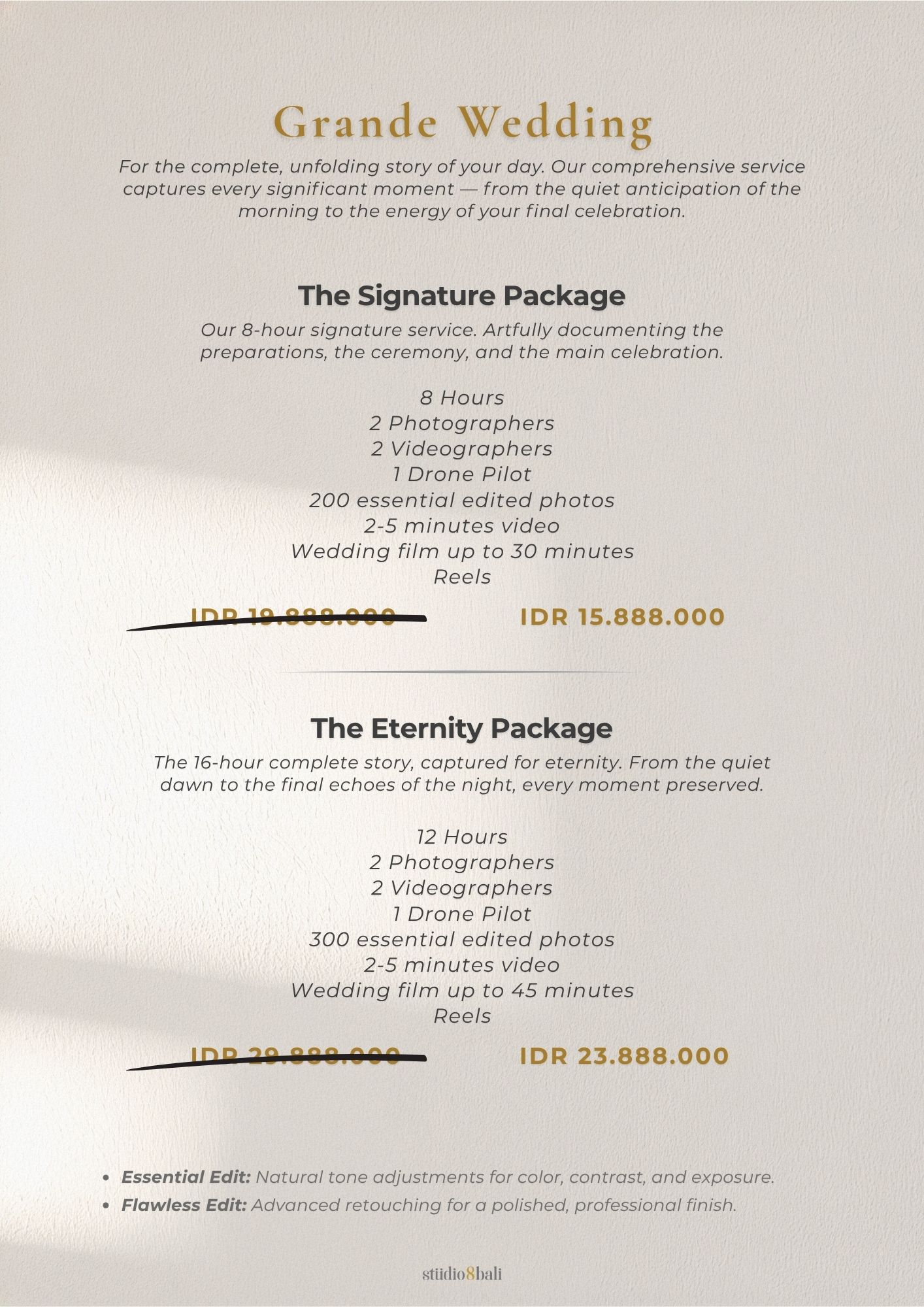 Grande Wedding photography packages pricing menu showing Signature and Eternity packages with hours, photographers, and videographers.