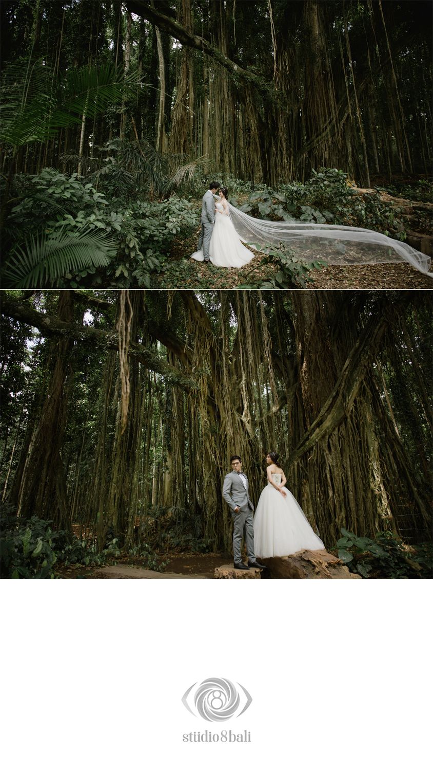 Bride and groom pose among towering banyan trees in a lush Bali forest, her veil flowing dramatically.