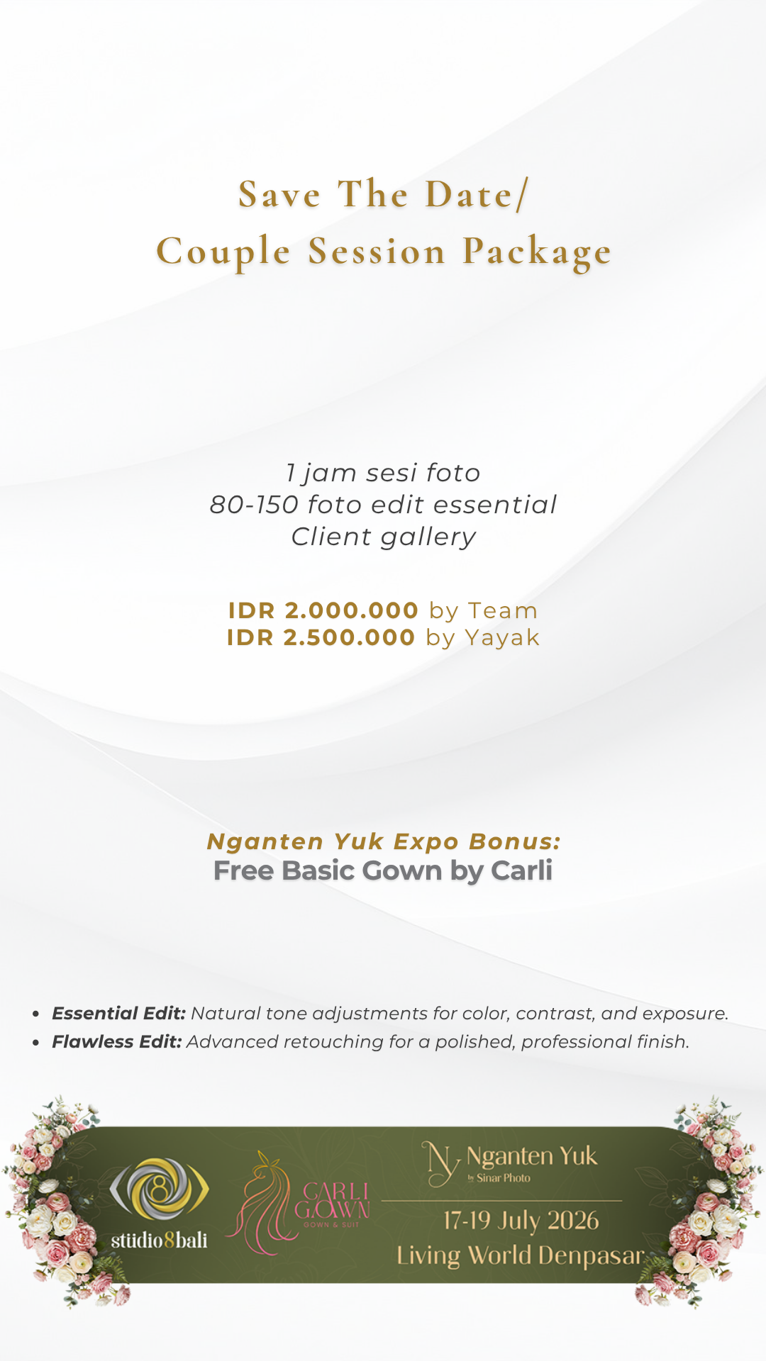 Save The Date Couple Session Package flyer offering 1-hour photo session, 80-150 edited photos, IDR 2-2.5M, with free gown bonus.