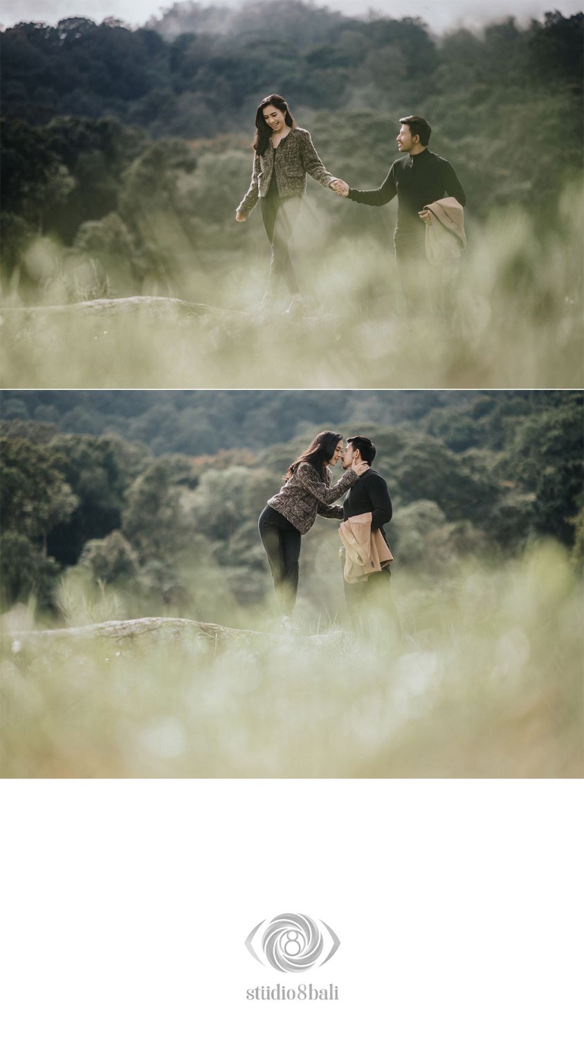 Romantic couple holding hands and sharing an intimate moment in a lush green meadow during a dreamy outdoor pre-wedding photoshoot.