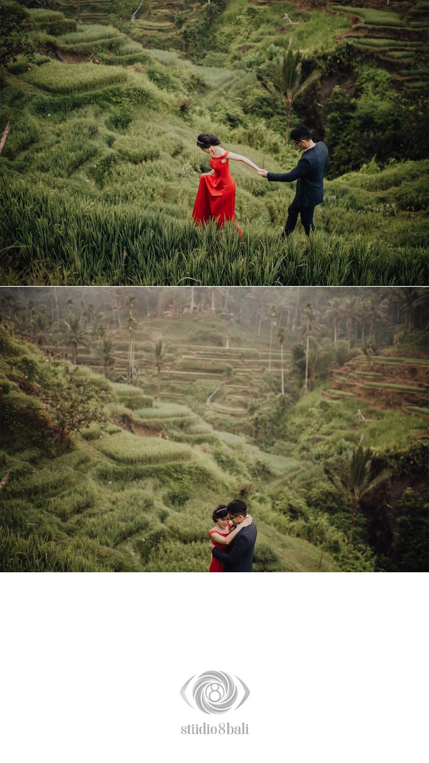 Couple in red dress and suit walking through vibrant green Tegalalang rice terraces in Bali, Indonesia.