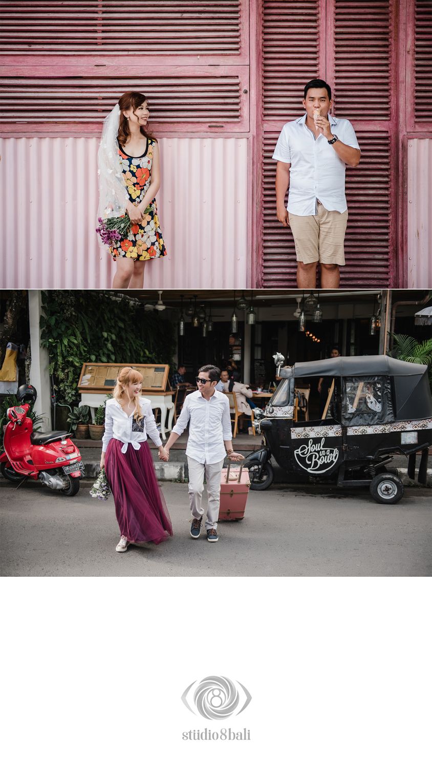 Couple poses near pink wall with flowers, then walks hand-in-hand past a tuk-tuk on a street in Bali.