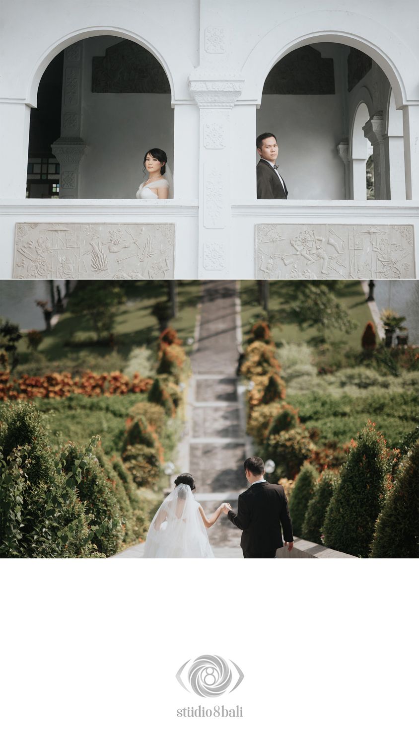 Bride and groom pose on white arched balcony above, then walk hand-in-hand through lush garden steps below.