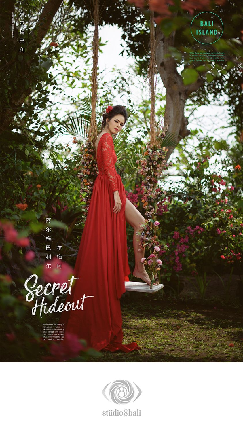 Woman in elegant red gown poses in lush Bali garden for Studio 8 Bali Secret Hideout wedding photoshoot.
