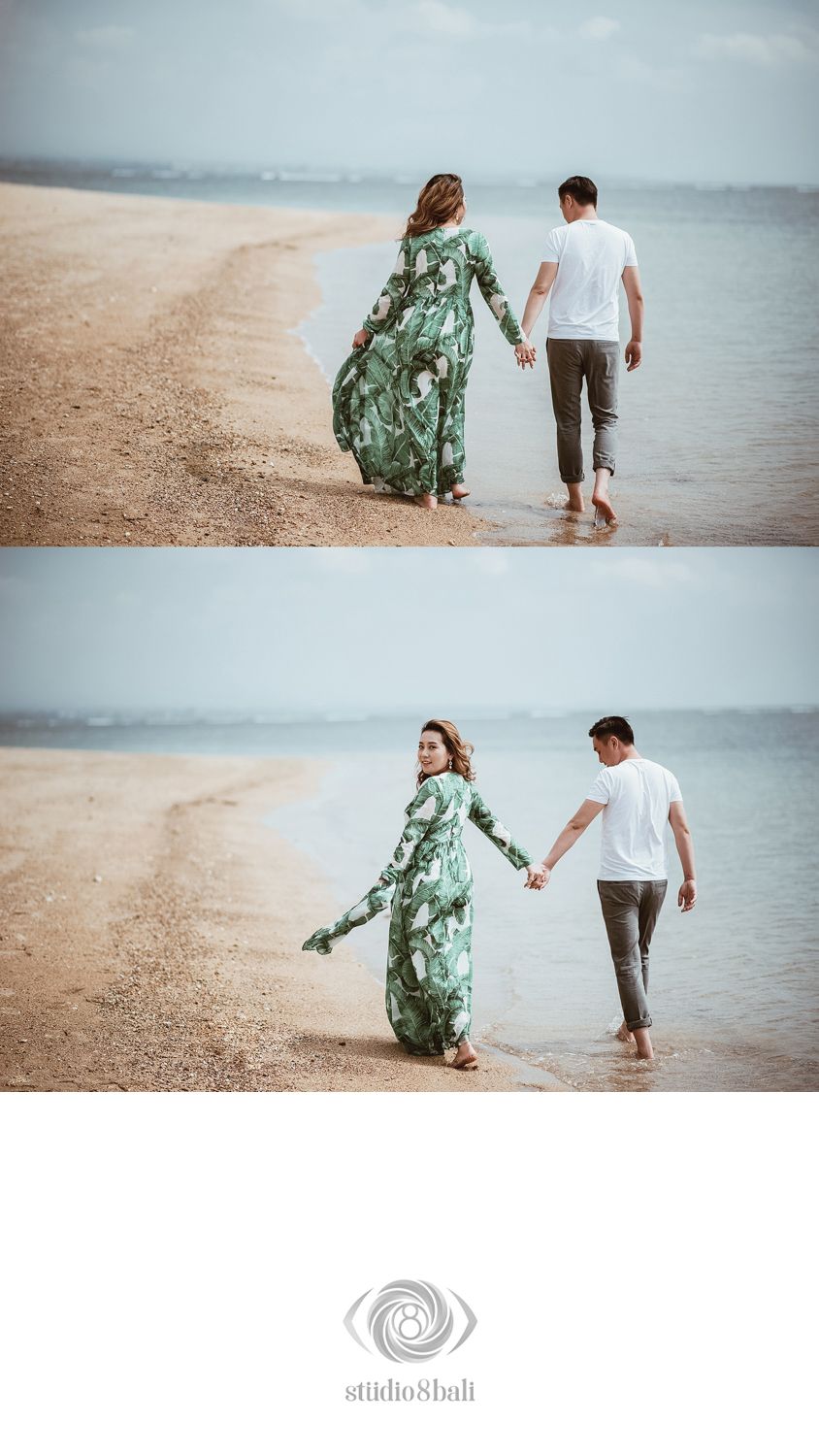 Couple walking hand-in-hand along shoreline, woman in green leaf-print maxi dress, man in white shirt.