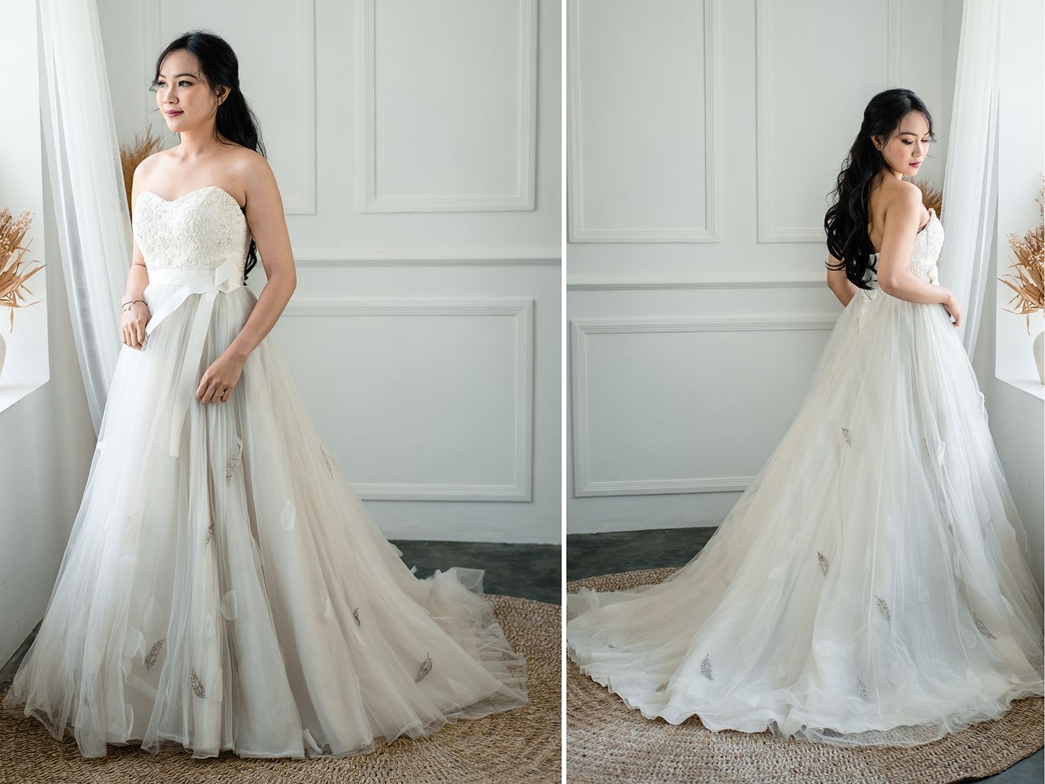 Elegant strapless white ball gown wedding dress with floral details and a long train, shown from front and back views.