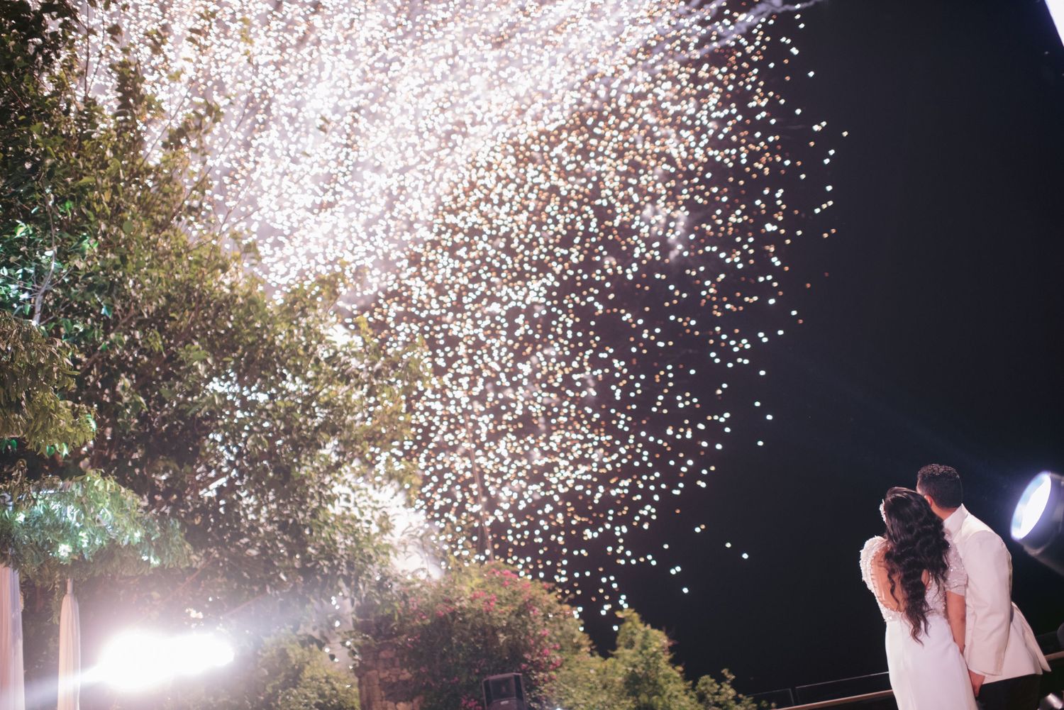 Couple watching stunning white fireworks burst over trees at night during a romantic outdoor celebration.
