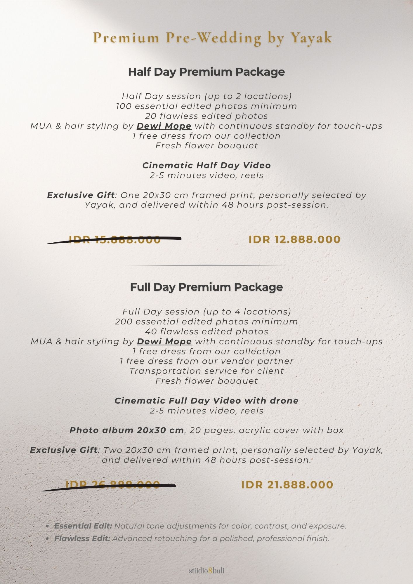 Premium Pre-Wedding photography packages by Yayak offering Half Day and Full Day options with pricing starting at IDR 12,888,000.