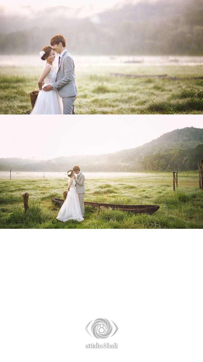 Romantic wedding couple embracing in a misty green meadow near a rustic wooden boat, captured by Studio 8 Bali.