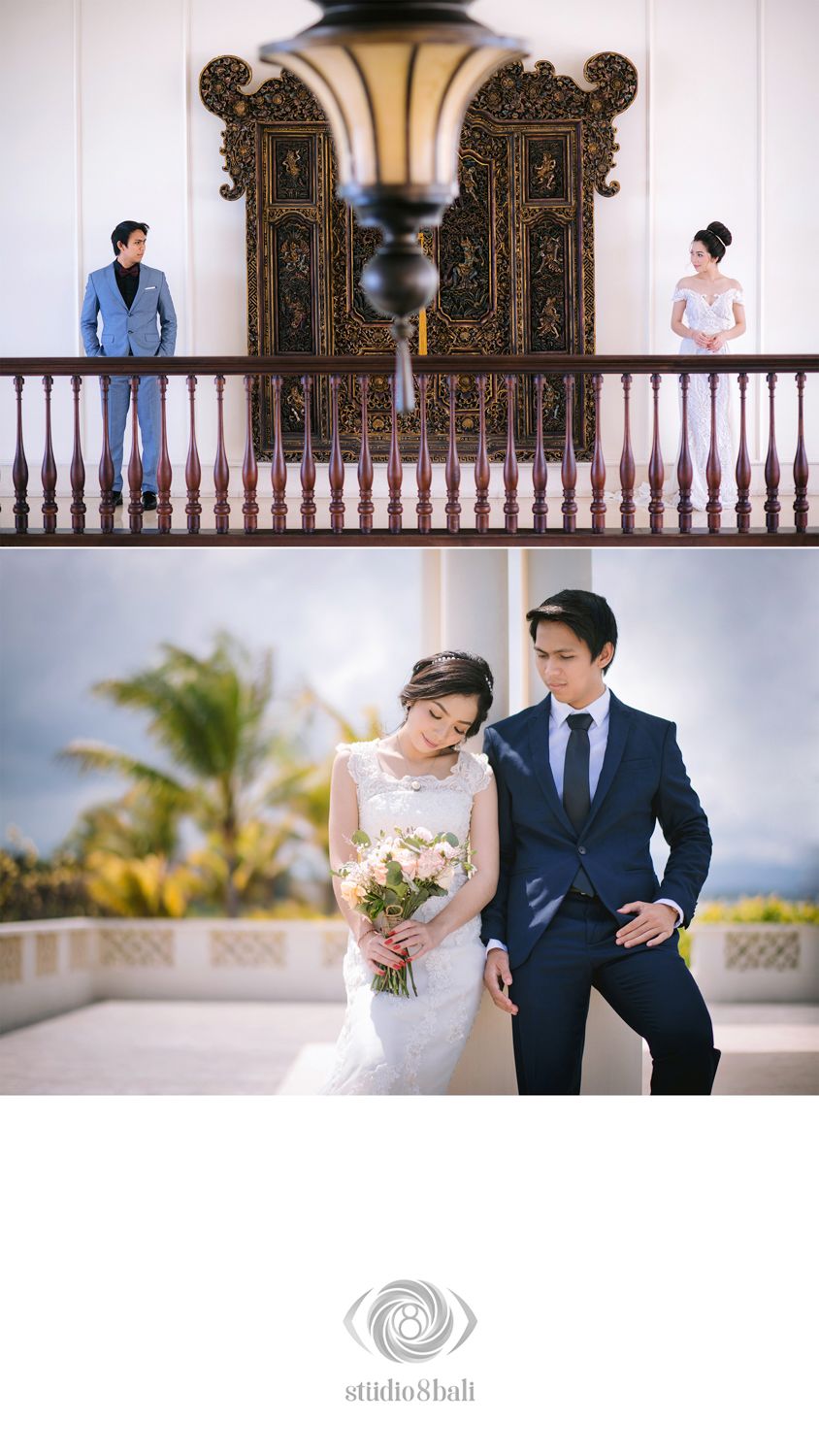 Elegant pre-wedding couple poses on ornate Balinese balcony and outdoors with bouquet by Studio 8 Bali.