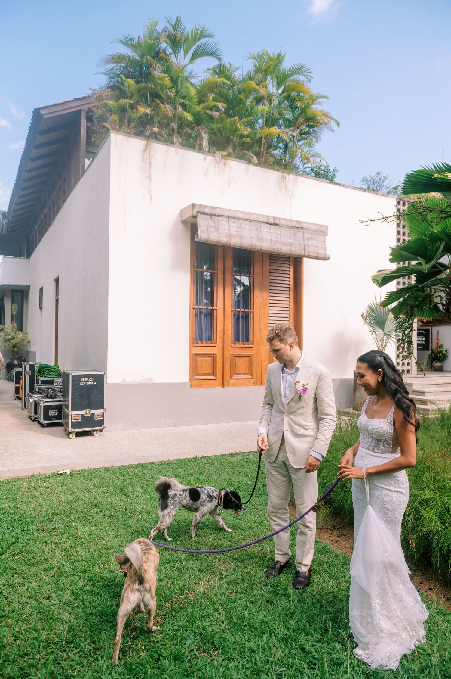Bride and groom walking two dogs on leashes outside a white villa with tropical palm trees on their wedding day.