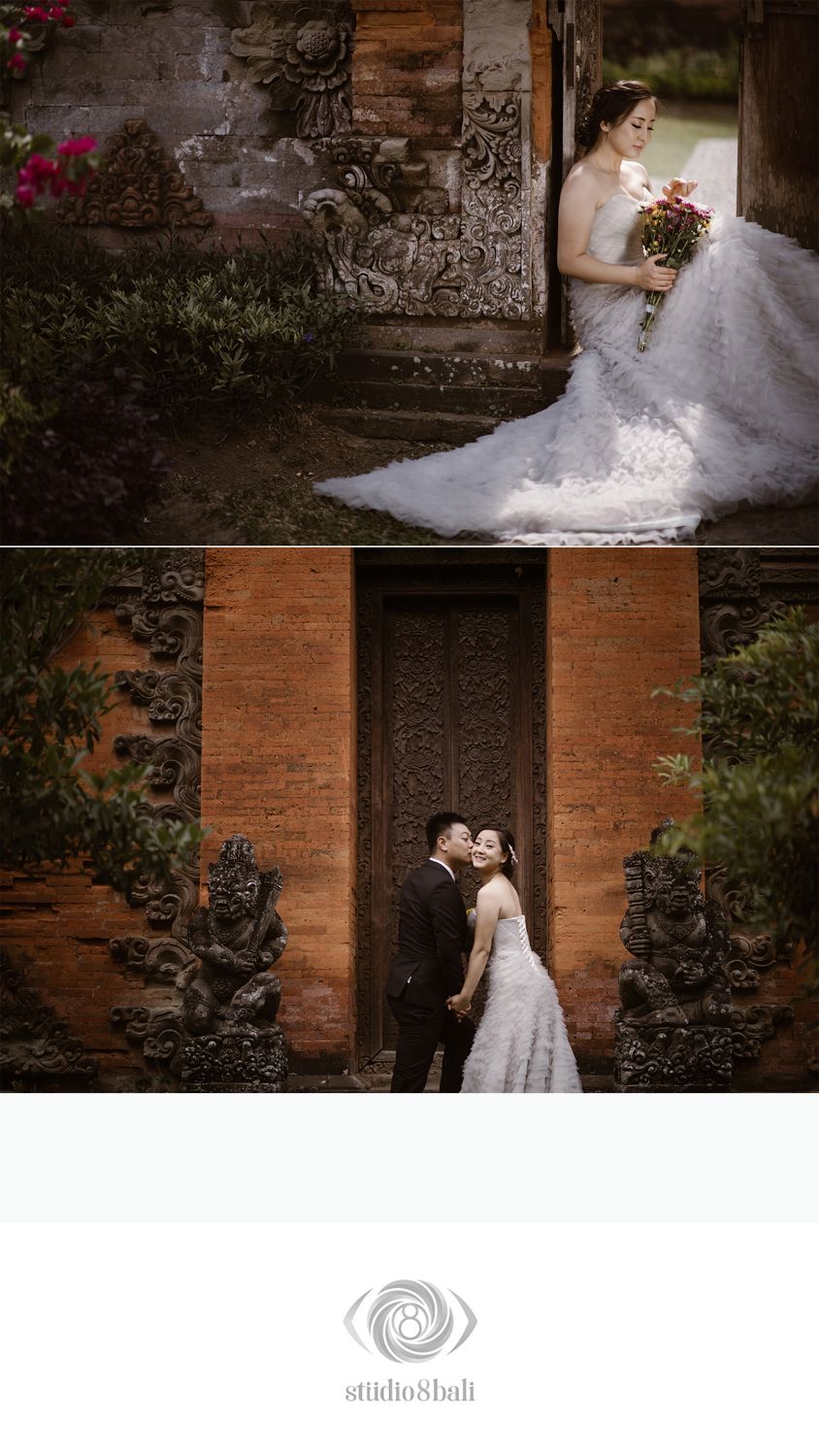 Bride in white gown holds bouquet by ornate Balinese temple door, couple kisses before carved stone wall.