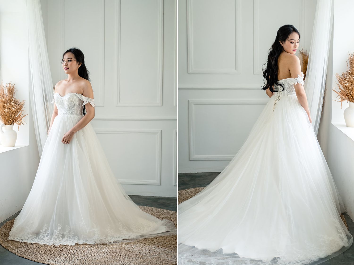 Elegant off-shoulder white ball gown wedding dress with lace details and long train, shown from front and back views.