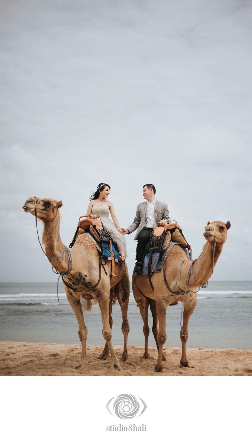 Couple in wedding attire riding camels on a sandy beach with ocean backdrop, captured by Studio 8 Bali.
