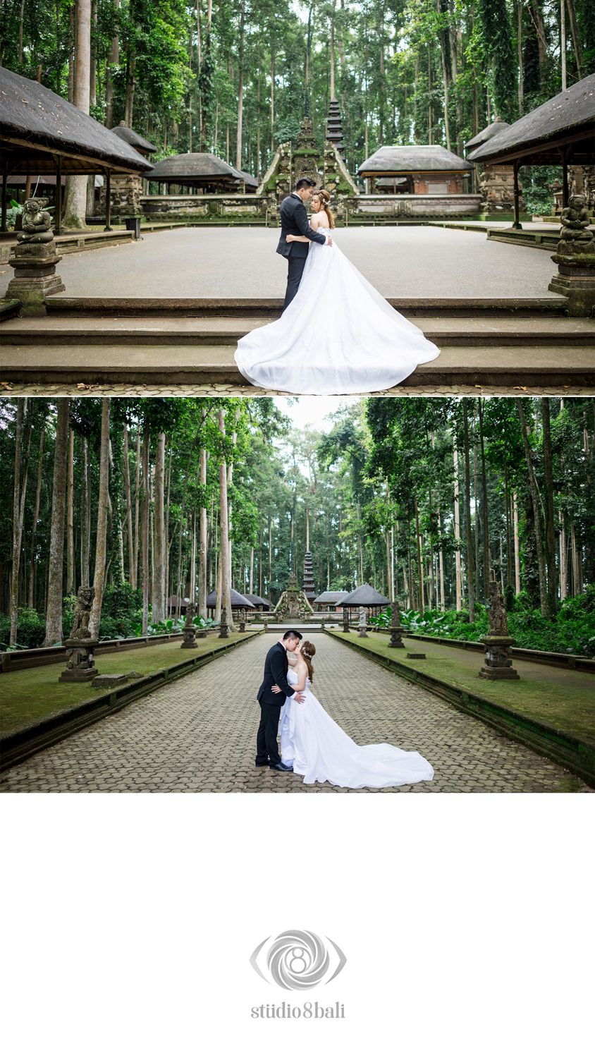 Romantic wedding couple embracing in a lush Balinese temple forest, bride in flowing white gown with long train.