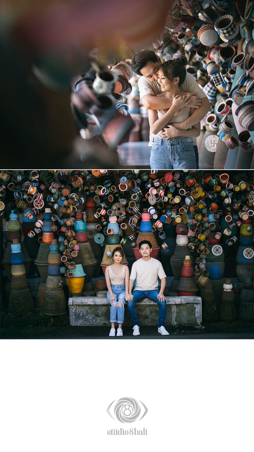 Romantic couple embracing and sitting before a colorful wall of ceramic pots in a Bali pre-wedding photoshoot.