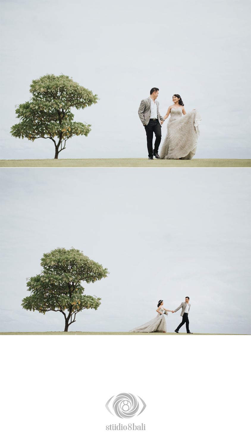 Couple poses near a lone tree in wedding attire, bride's gown flowing in the wind, captured by Studio 8 Bali.