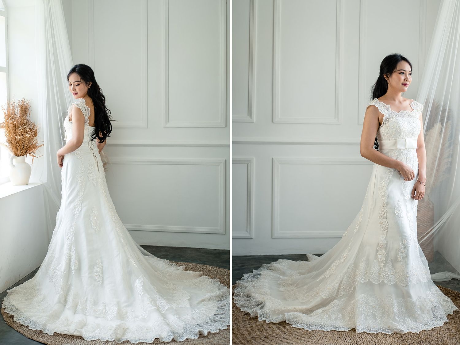 Elegant bride in a white lace mermaid wedding gown with a long train, shown from back and front views.