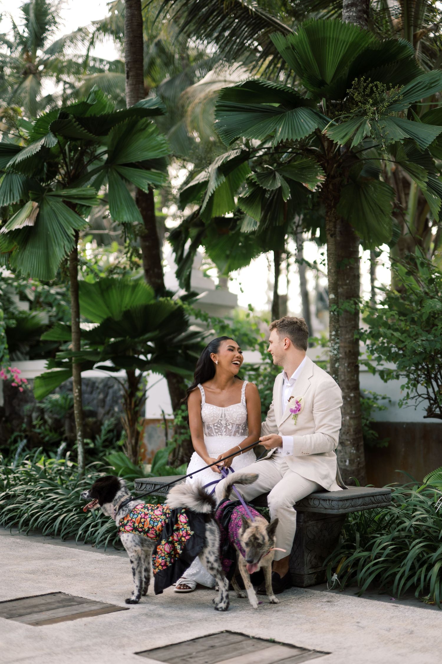 Bride and groom sit on bench with decorated dogs in lush tropical garden setting.