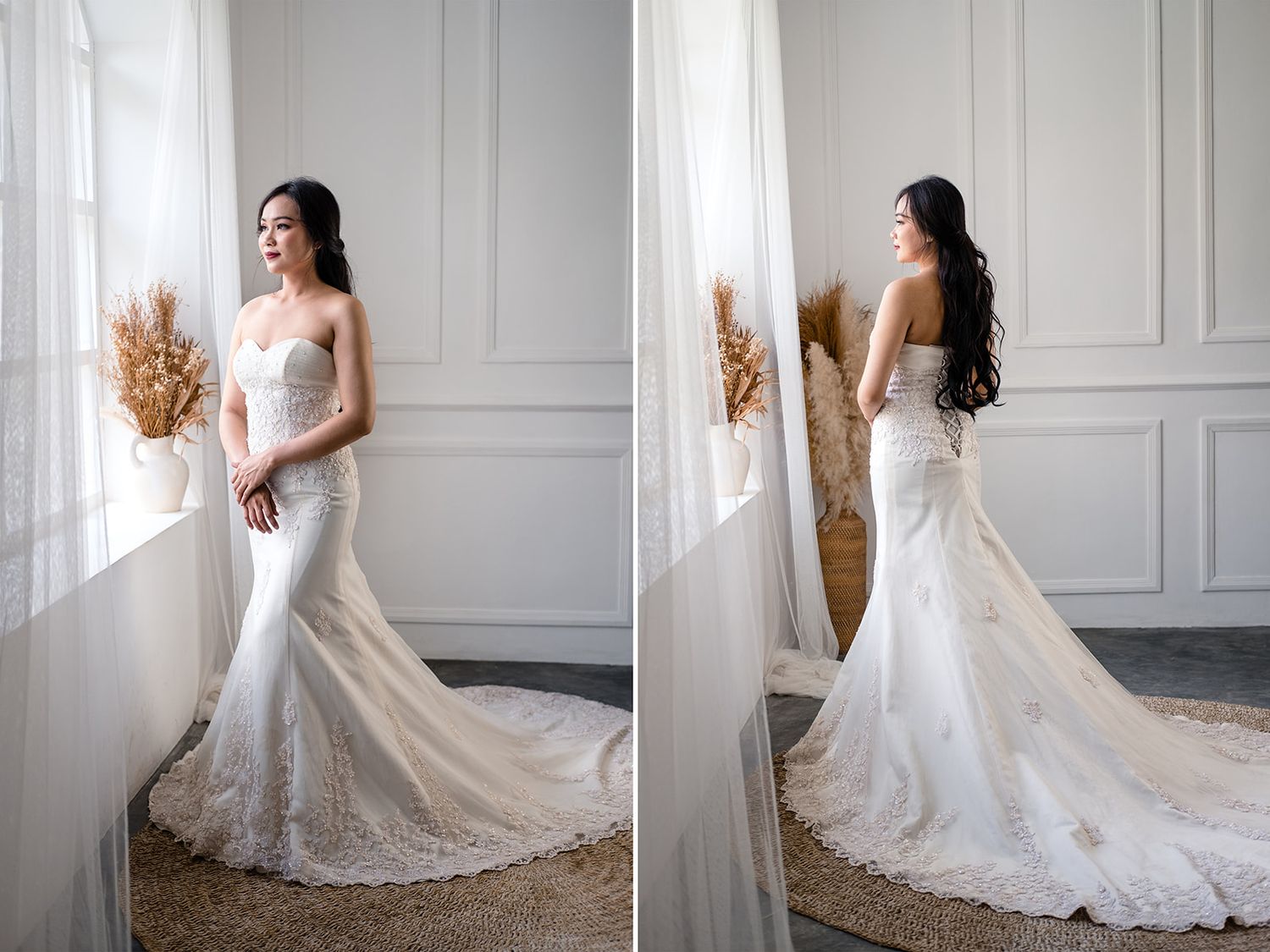 Elegant bride in a strapless mermaid wedding gown with lace details, shown from front and back near a sunlit window.