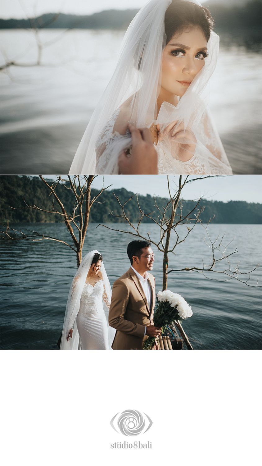 Elegant bride in lace gown and veil by a lake, with couple portrait near water and bare trees on wedding day.