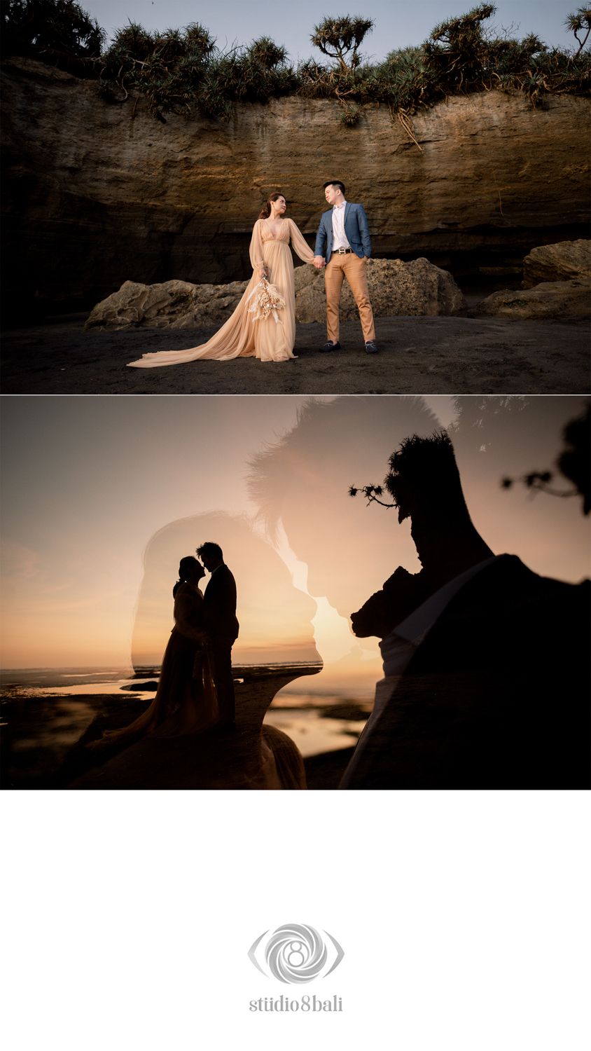 Couple in elegant attire poses against coastal cliffs, with a golden sunset silhouette reflection below, captured by Studio 8 Bali.